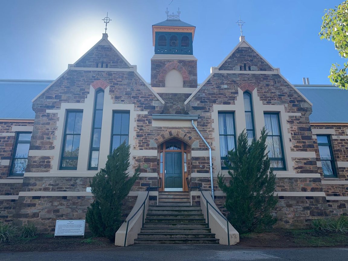 The stone entrance of the old Burra school building, home of the community library